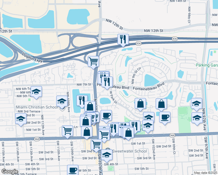 map of restaurants, bars, coffee shops, grocery stores, and more near 615 West Park Drive in Miami