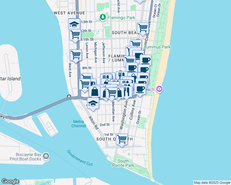 map of restaurants, bars, coffee shops, grocery stores, and more near 741 5th Street in Miami Beach