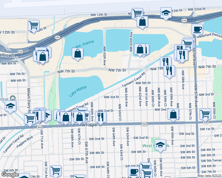 map of restaurants, bars, coffee shops, grocery stores, and more near 400 Northwest 64th Avenue in Miami
