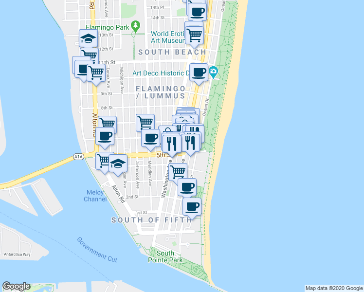 map of restaurants, bars, coffee shops, grocery stores, and more near 446 Collins Avenue in Miami Beach