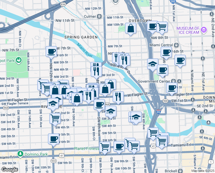 map of restaurants, bars, coffee shops, grocery stores, and more near in Miami