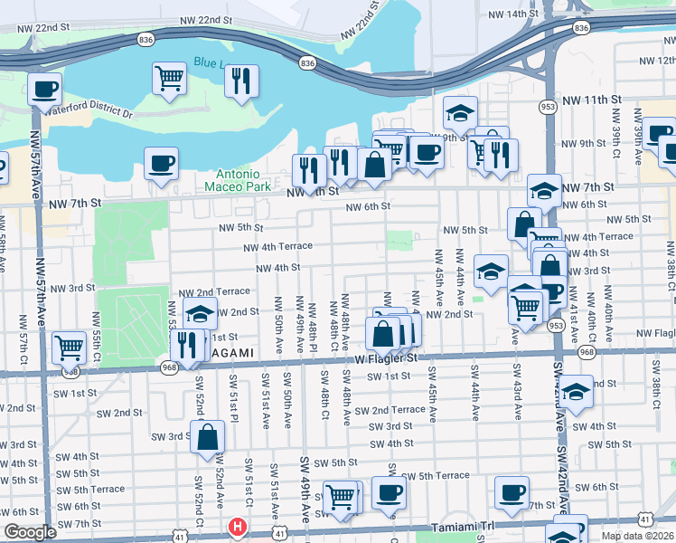 map of restaurants, bars, coffee shops, grocery stores, and more near 333 Northwest 48th Court in Miami