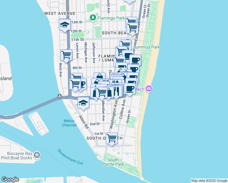map of restaurants, bars, coffee shops, grocery stores, and more near 607 5th Street in Miami Beach