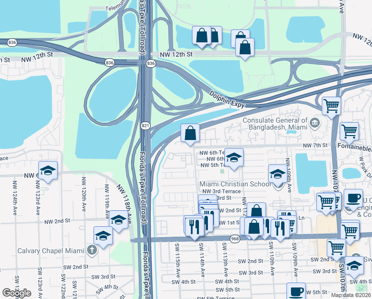 map of restaurants, bars, coffee shops, grocery stores, and more near 530 Northwest 114th Avenue in Miami