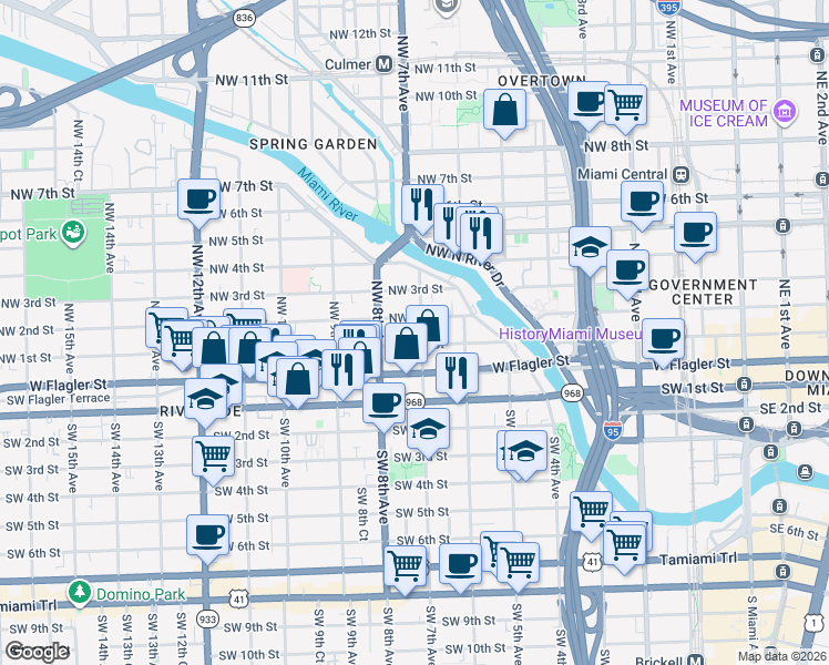 map of restaurants, bars, coffee shops, grocery stores, and more near in Miami