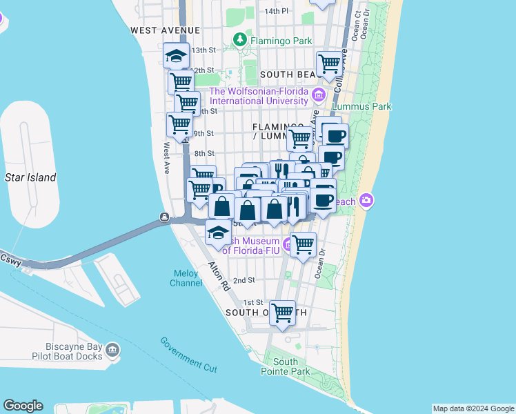 map of restaurants, bars, coffee shops, grocery stores, and more near 741 5th Street in Miami Beach