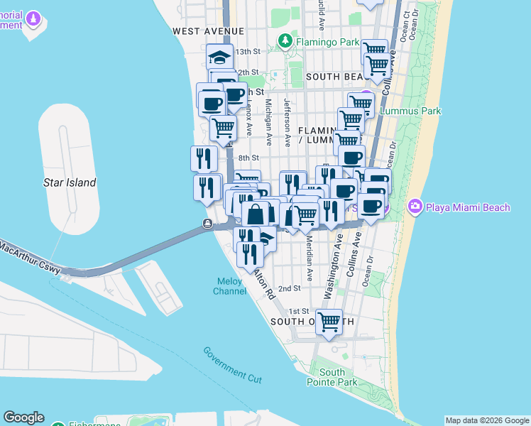 map of restaurants, bars, coffee shops, grocery stores, and more near 1029 5th Street in Miami Beach