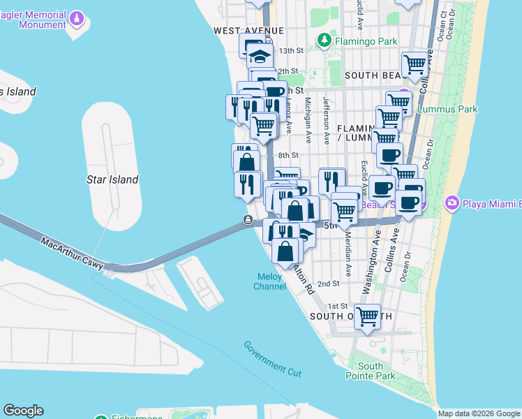 map of restaurants, bars, coffee shops, grocery stores, and more near in Miami Beach