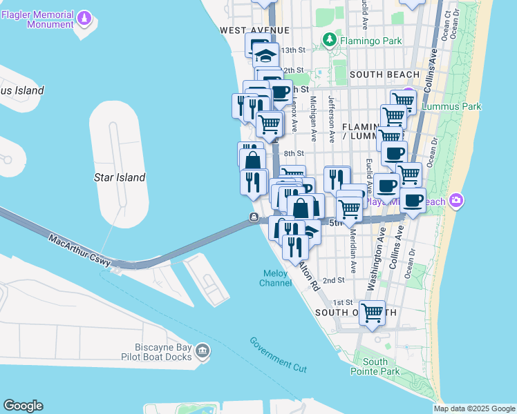 map of restaurants, bars, coffee shops, grocery stores, and more near in Miami Beach