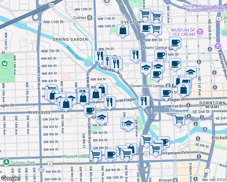 map of restaurants, bars, coffee shops, grocery stores, and more near 530 Northwest 1st Street in Miami
