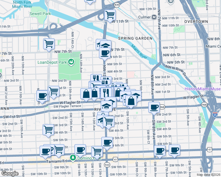 map of restaurants, bars, coffee shops, grocery stores, and more near 1157 Northwest 1st Street in Miami