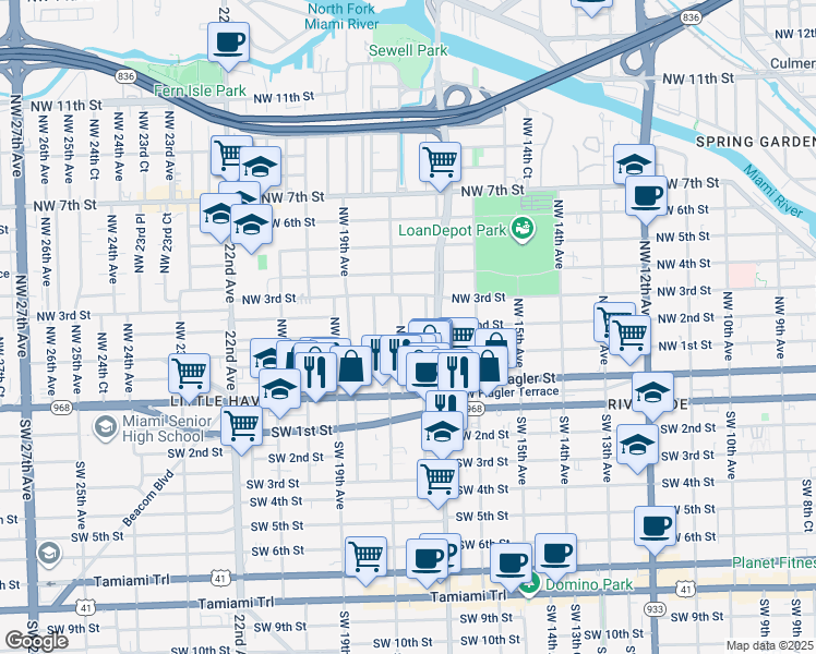 map of restaurants, bars, coffee shops, grocery stores, and more near 90 Northwest 17th Place in Miami