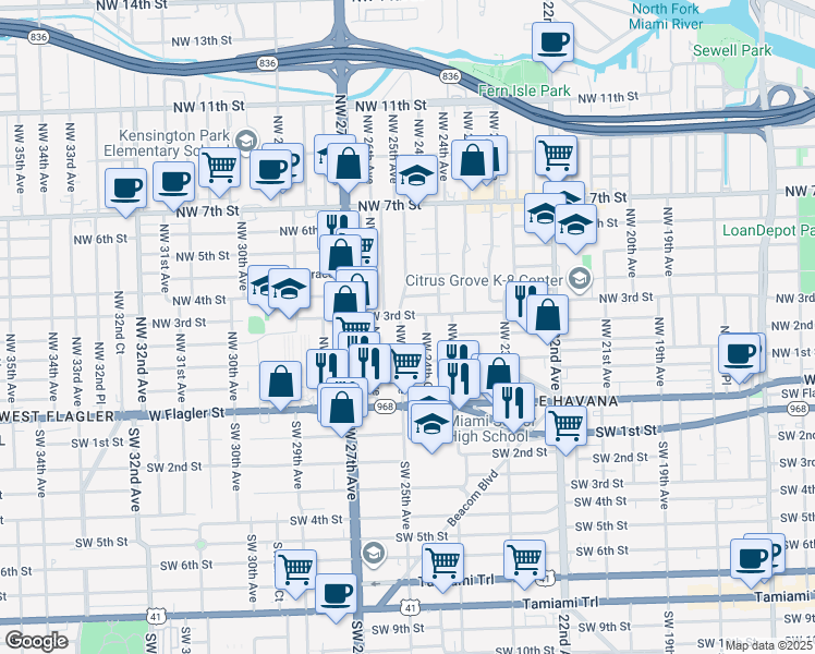 map of restaurants, bars, coffee shops, grocery stores, and more near 130 Northwest 24th Court in Miami