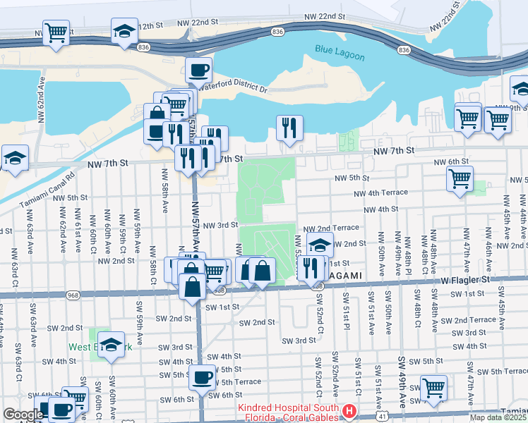map of restaurants, bars, coffee shops, grocery stores, and more near 5461 Northwest 3rd Street in Miami