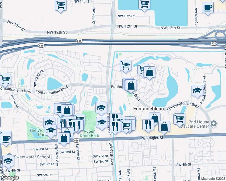 map of restaurants, bars, coffee shops, grocery stores, and more near 9705 Northwest 6th Terrace in Miami