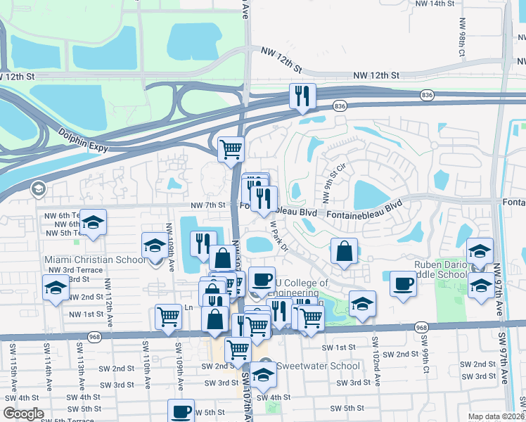 map of restaurants, bars, coffee shops, grocery stores, and more near 601649 Northwest 107th Avenue in Miami