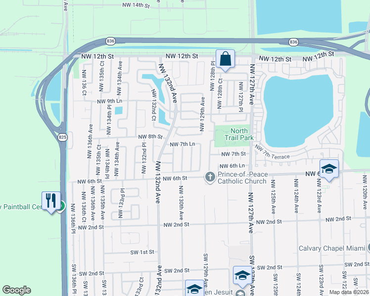 map of restaurants, bars, coffee shops, grocery stores, and more near 723 Northwest 129th Court in Miami