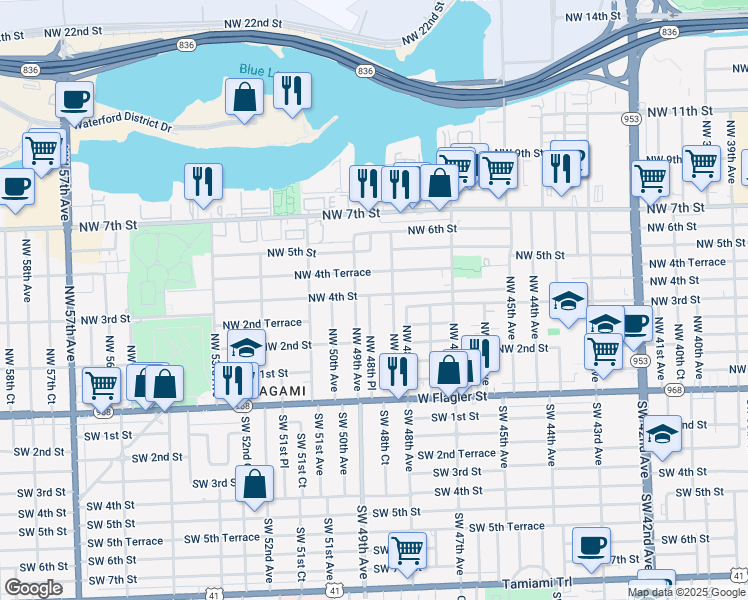 map of restaurants, bars, coffee shops, grocery stores, and more near 4870 Northwest 4th Street in Miami