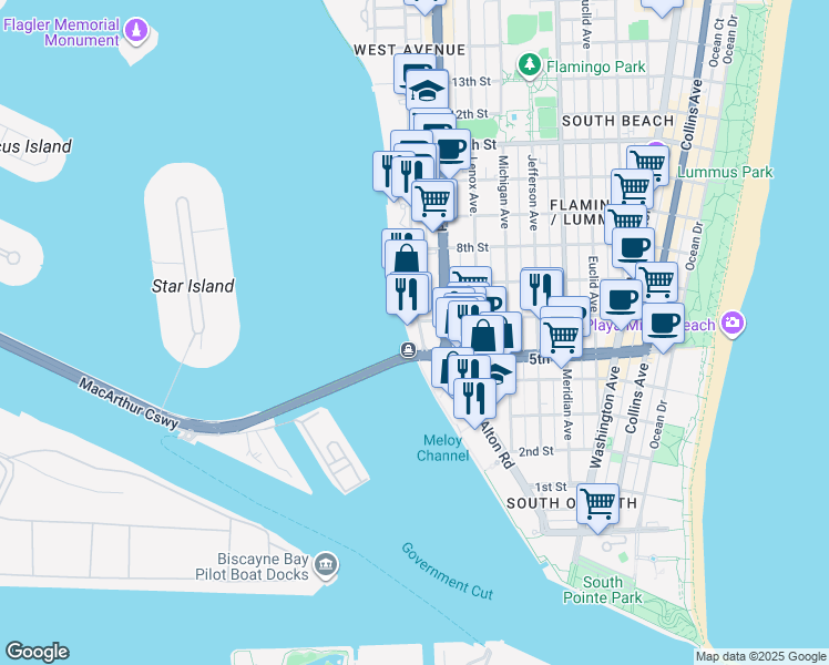 map of restaurants, bars, coffee shops, grocery stores, and more near in Miami Beach