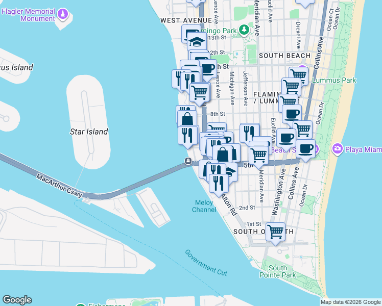 map of restaurants, bars, coffee shops, grocery stores, and more near in Miami Beach