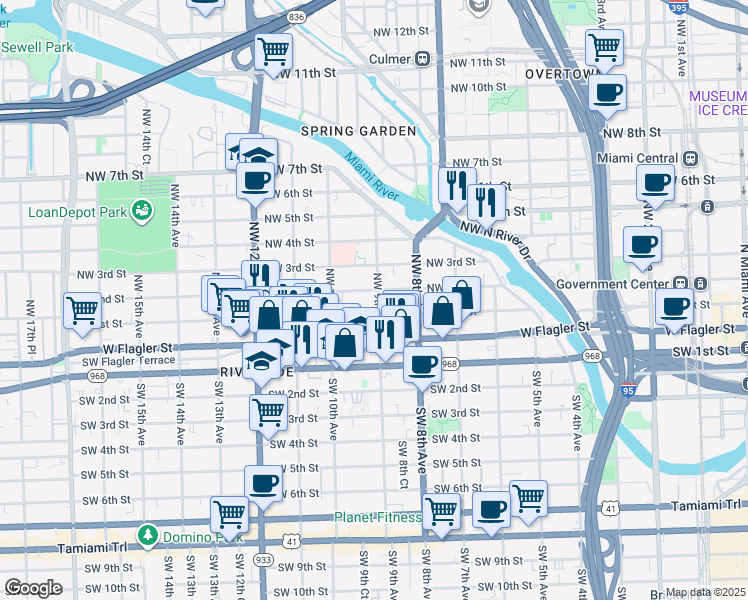map of restaurants, bars, coffee shops, grocery stores, and more near 221 Northwest 9th Avenue in Miami