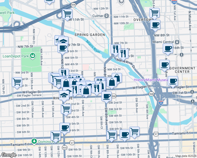 map of restaurants, bars, coffee shops, grocery stores, and more near 221 Northwest 9th Avenue in Miami