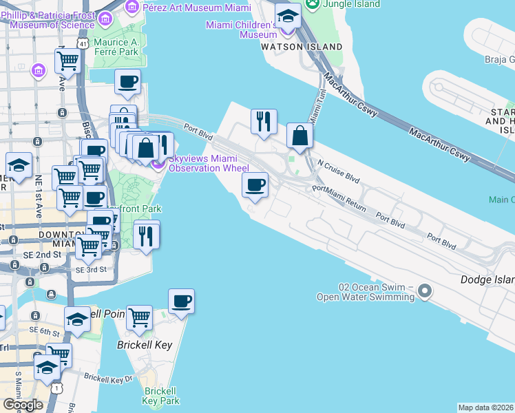 map of restaurants, bars, coffee shops, grocery stores, and more near 1050 Caribbean Way in Miami
