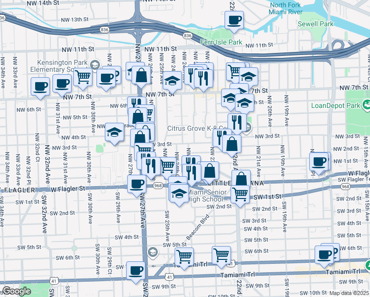 map of restaurants, bars, coffee shops, grocery stores, and more near 320 Northwest 23rd Place in Miami