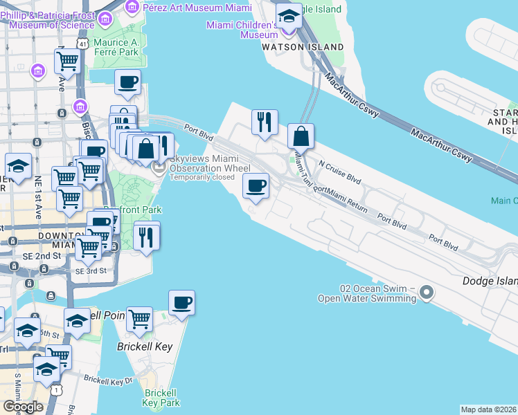 map of restaurants, bars, coffee shops, grocery stores, and more near 1050 Caribbean Way in Miami