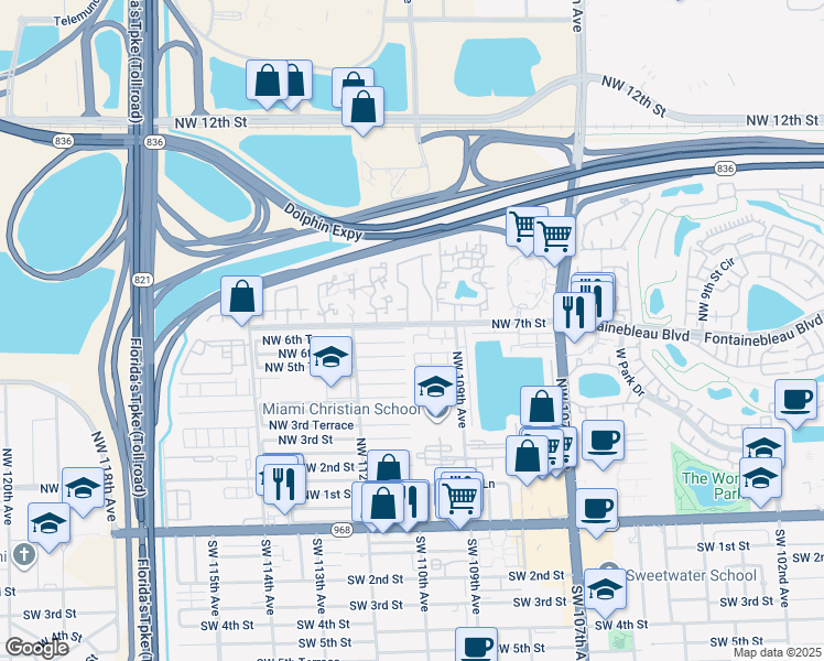 map of restaurants, bars, coffee shops, grocery stores, and more near 701 Northwest 111th Court in Miami