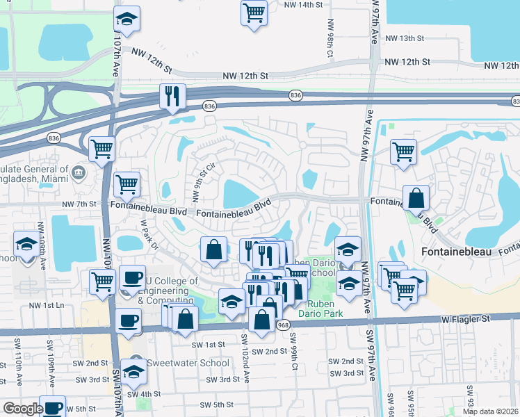 map of restaurants, bars, coffee shops, grocery stores, and more near 9950 Fontainebleau Boulevard in Miami