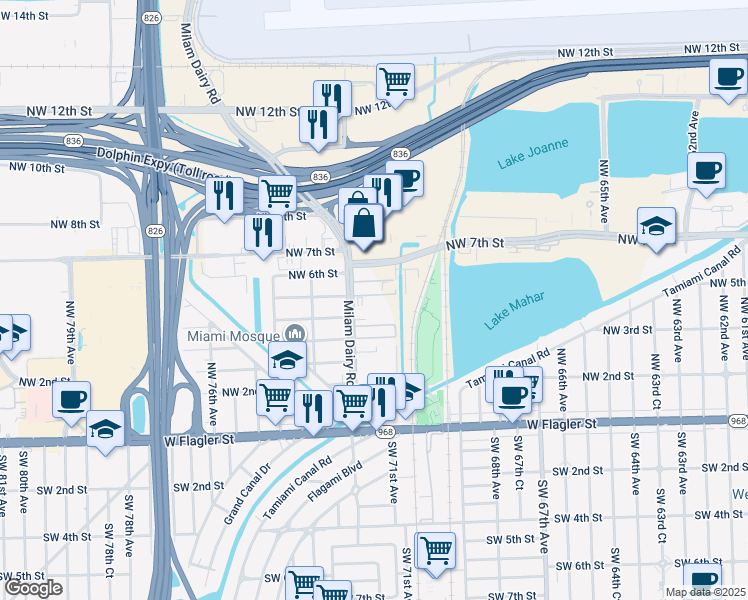 map of restaurants, bars, coffee shops, grocery stores, and more near 495 Northwest 72nd Avenue in Miami