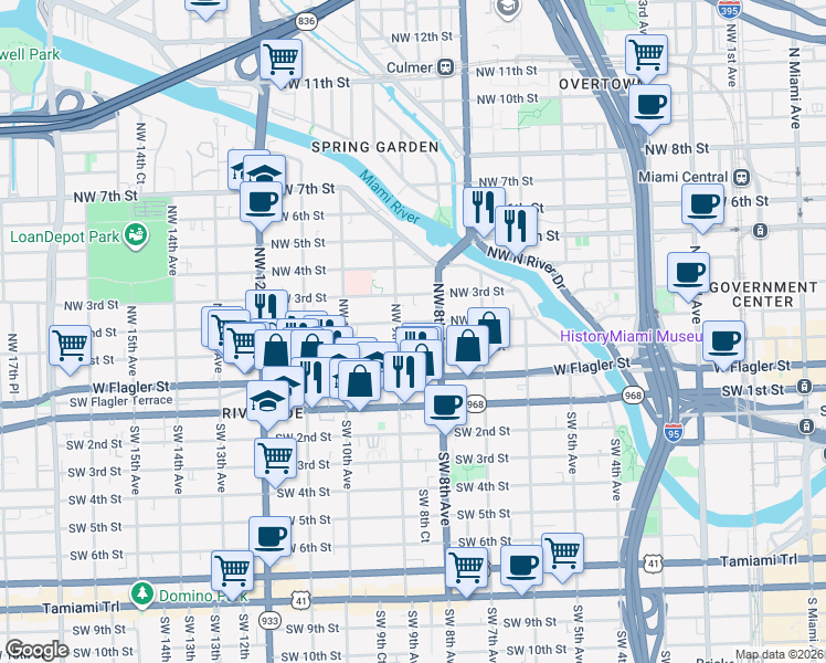 map of restaurants, bars, coffee shops, grocery stores, and more near 221 Northwest 9th Avenue in Miami