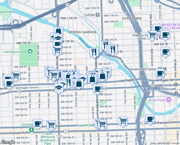 map of restaurants, bars, coffee shops, grocery stores, and more near 221 Northwest 9th Avenue in Miami