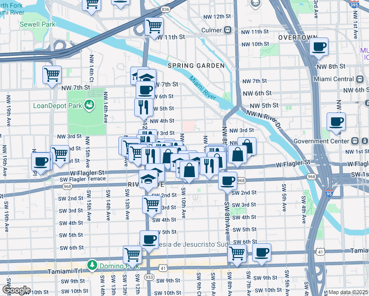 map of restaurants, bars, coffee shops, grocery stores, and more near 219 Northwest 10th Avenue in Miami