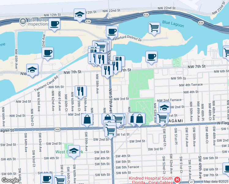 map of restaurants, bars, coffee shops, grocery stores, and more near 437 Northwest 57th Avenue in Miami