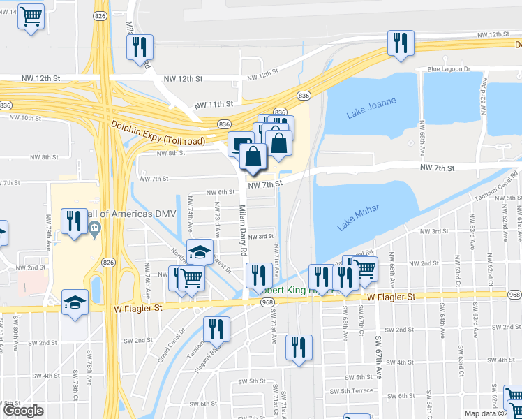 map of restaurants, bars, coffee shops, grocery stores, and more near 555 Northwest 72nd Avenue in Miami