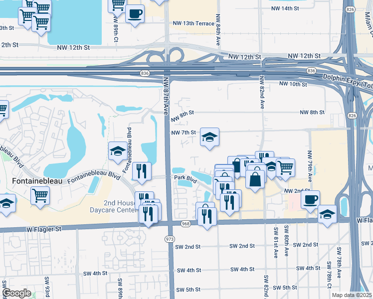 map of restaurants, bars, coffee shops, grocery stores, and more near 650 Northwest 86th Place in Miami