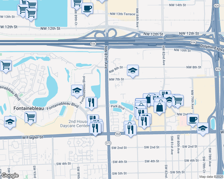 map of restaurants, bars, coffee shops, grocery stores, and more near 650 Northwest 86th Place in Miami