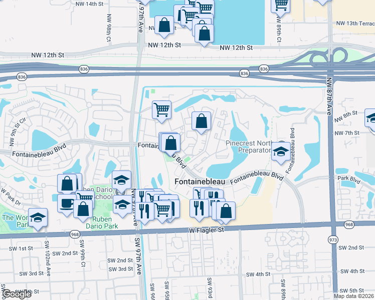 map of restaurants, bars, coffee shops, grocery stores, and more near 9441 Fontainebleau Boulevard in Miami