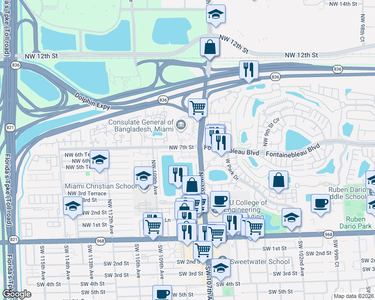map of restaurants, bars, coffee shops, grocery stores, and more near in Fontainebleau