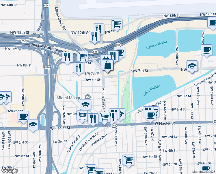 map of restaurants, bars, coffee shops, grocery stores, and more near 555 Northwest 72nd Avenue in Miami