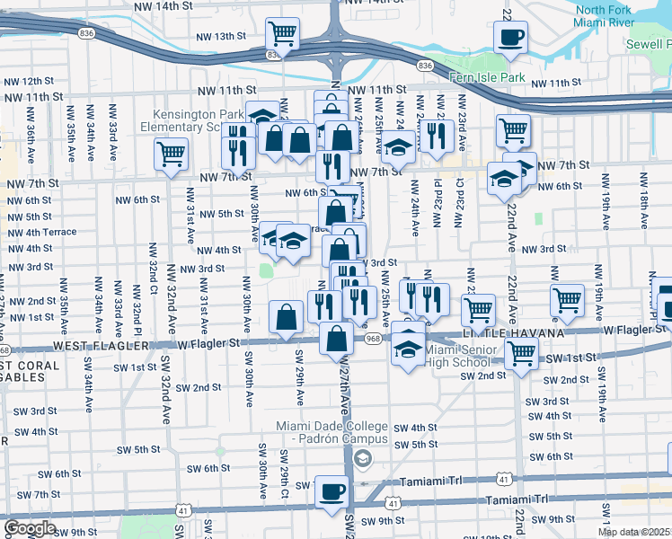 map of restaurants, bars, coffee shops, grocery stores, and more near 352 Northwest 27th Avenue in Miami