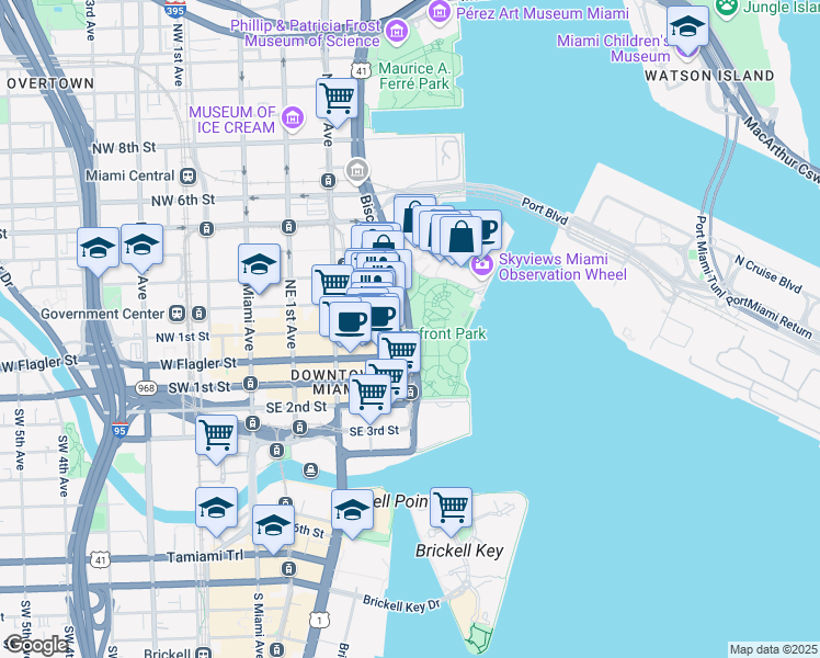 map of restaurants, bars, coffee shops, grocery stores, and more near Biscayne Blvd & NE 1st St in Miami