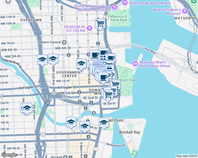map of restaurants, bars, coffee shops, grocery stores, and more near 100 Northeast 2nd Avenue in Miami
