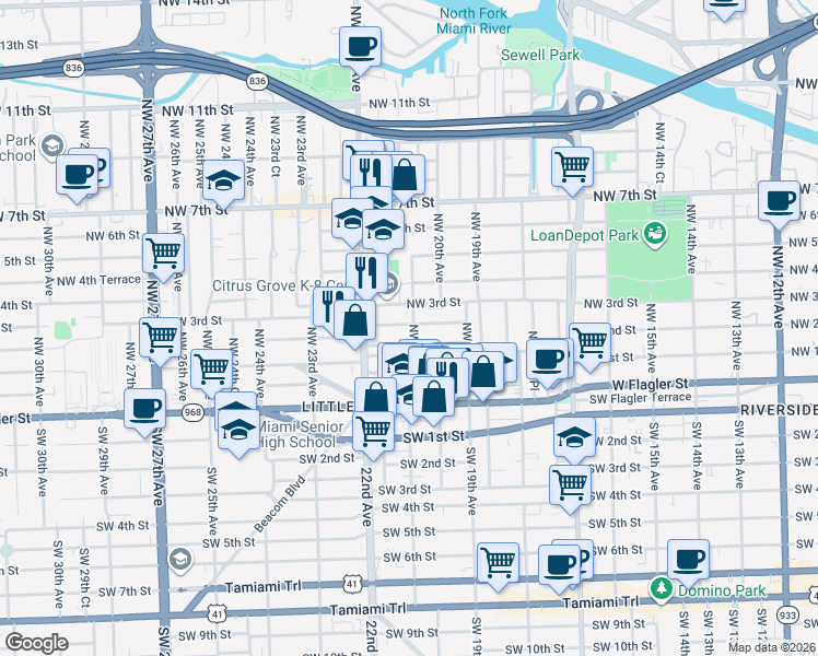 map of restaurants, bars, coffee shops, grocery stores, and more near 2044 Northwest 3rd Street in Miami