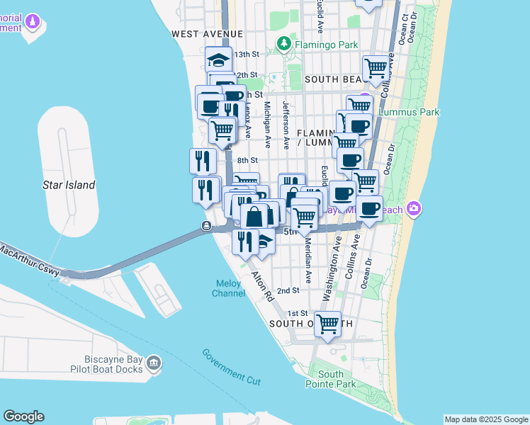 map of restaurants, bars, coffee shops, grocery stores, and more near 1035 6th Street in Miami Beach