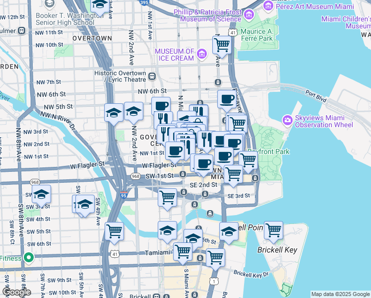 map of restaurants, bars, coffee shops, grocery stores, and more near 36 Northeast 2nd Street in Miami
