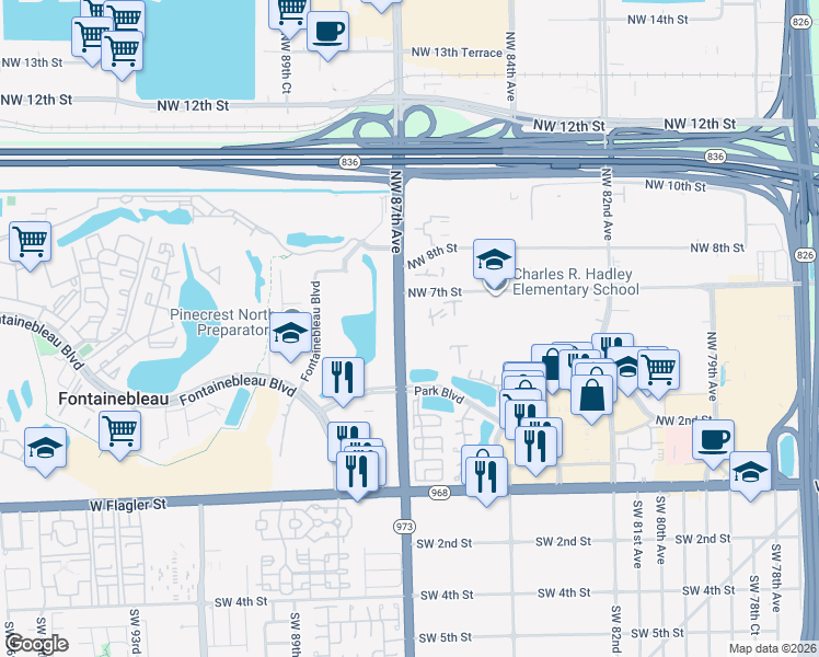map of restaurants, bars, coffee shops, grocery stores, and more near 650 Northwest 86th Place in Miami