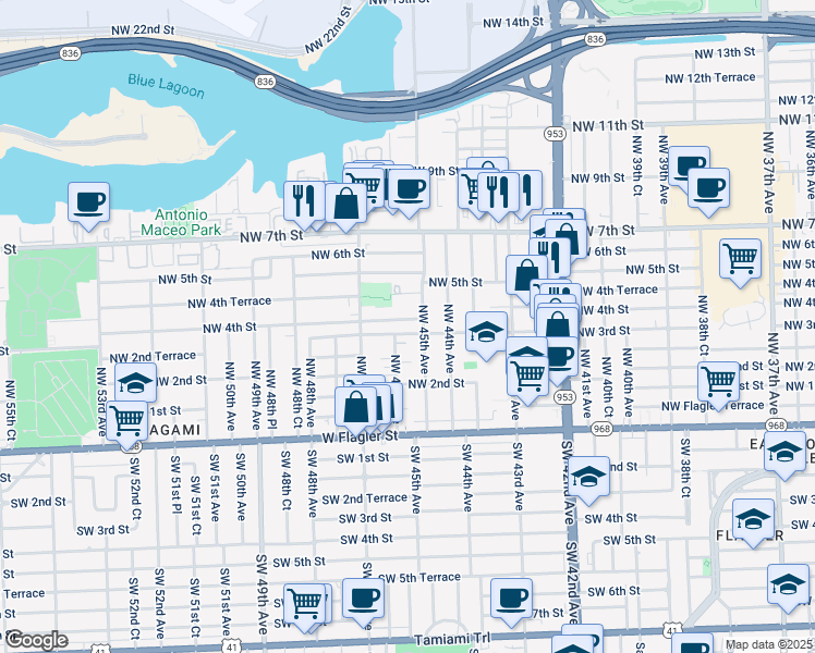 map of restaurants, bars, coffee shops, grocery stores, and more near 430 Northwest 45th Avenue in Miami